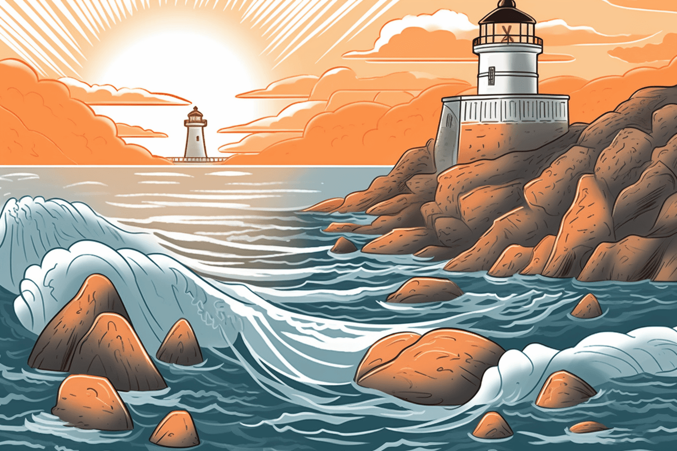 Rysunek przedstawiający latarnię morską, która oświetla bezpieczną ścieżkę przez skaliste wody