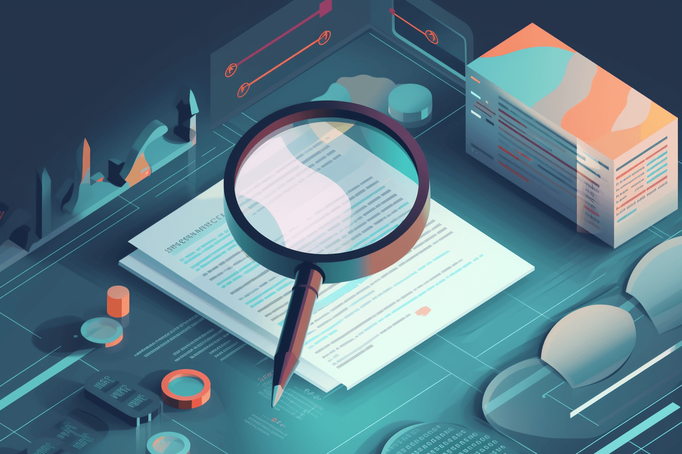 Rysunek przedstawiający szkło powiększające unoszące się nad dokumentami finansowymi firmy, podkreślające szczegółową analizę i obiektywną perspektywę, którą wynajęty CFO wnosi do biznesu.