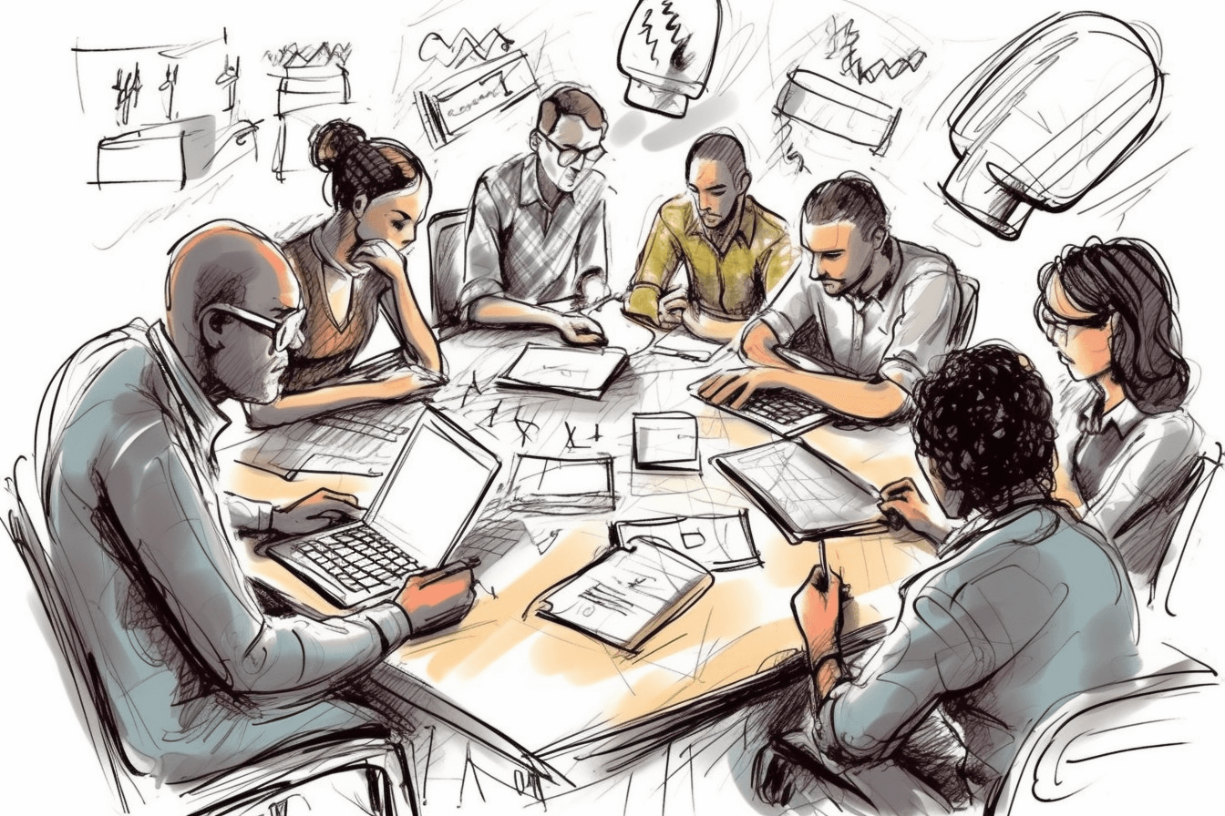 Rysunek zespołu brainstormującego jak poprawić wyniki