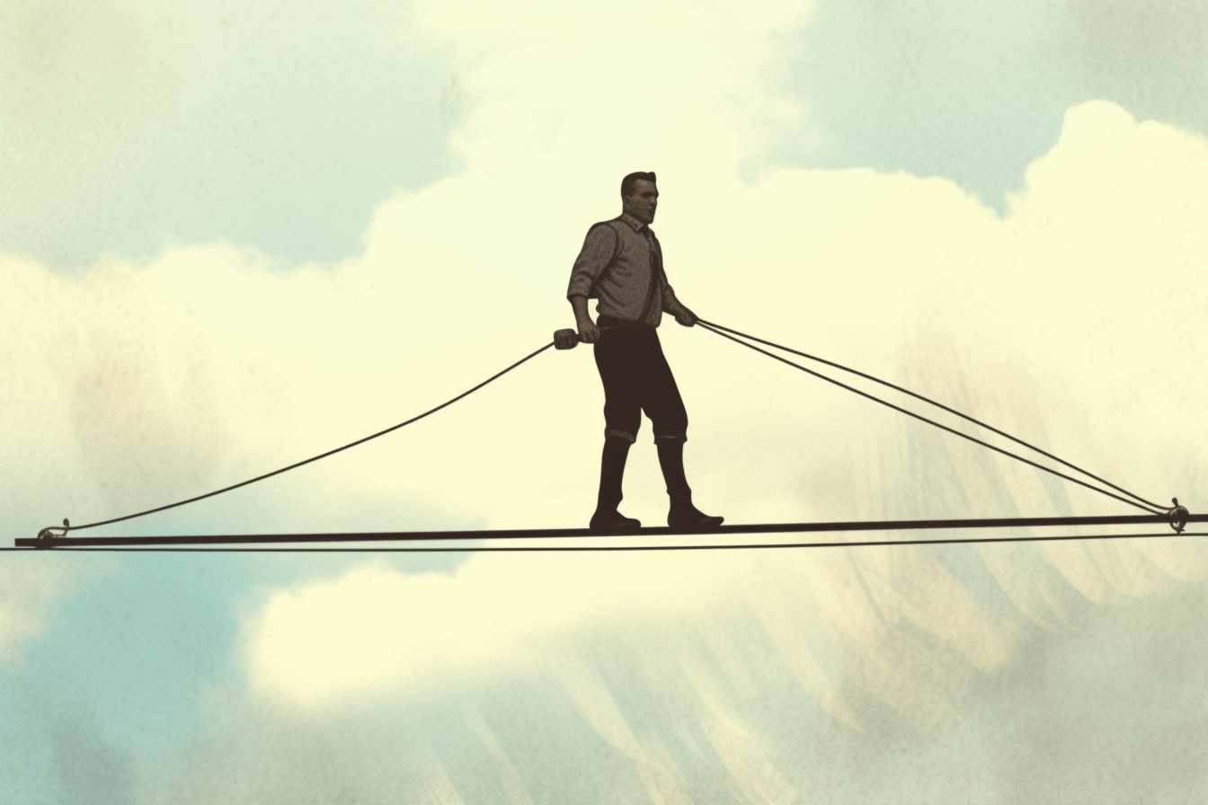 Rysunek przedstawiający linoskoczka balansującego na linie, trzymającego teczki z napisem "CFOaaS", symbolizujący równowagę i zarządzanie ryzykiem, które wynajęty CFO zapewnia przedsiębiorstwom.