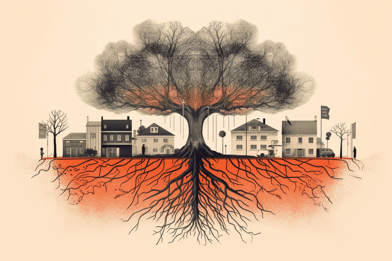 Rysunek drzewa o mocno osadzonych korzeniach w ziemi, utrzymany w stylu eleganckich ilustracji