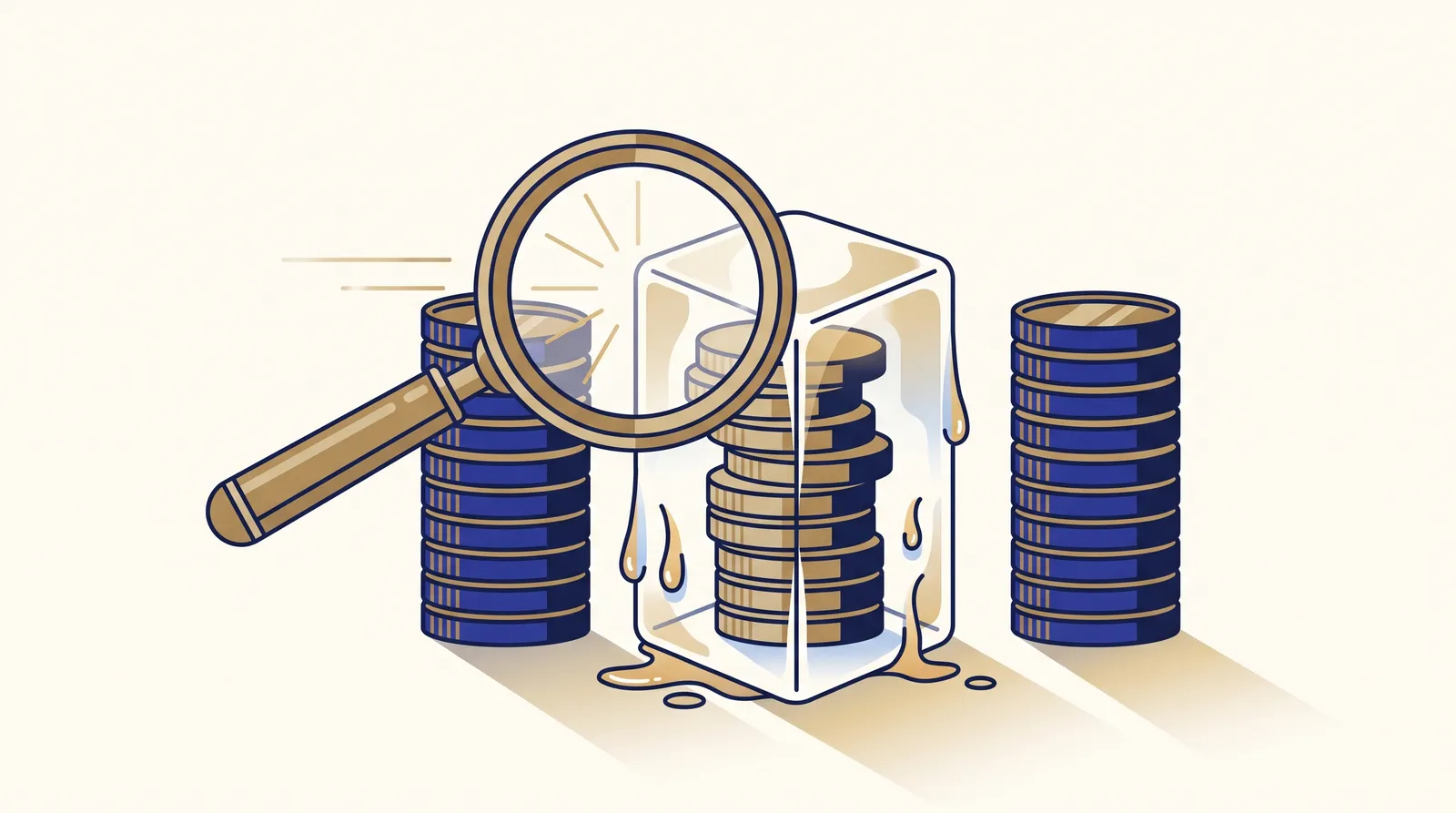 Szkło powiększające przesuwane nad trzema kolumnami monet, z których jedna jest skuta lodem, symbol audytu kapitału obrotowego