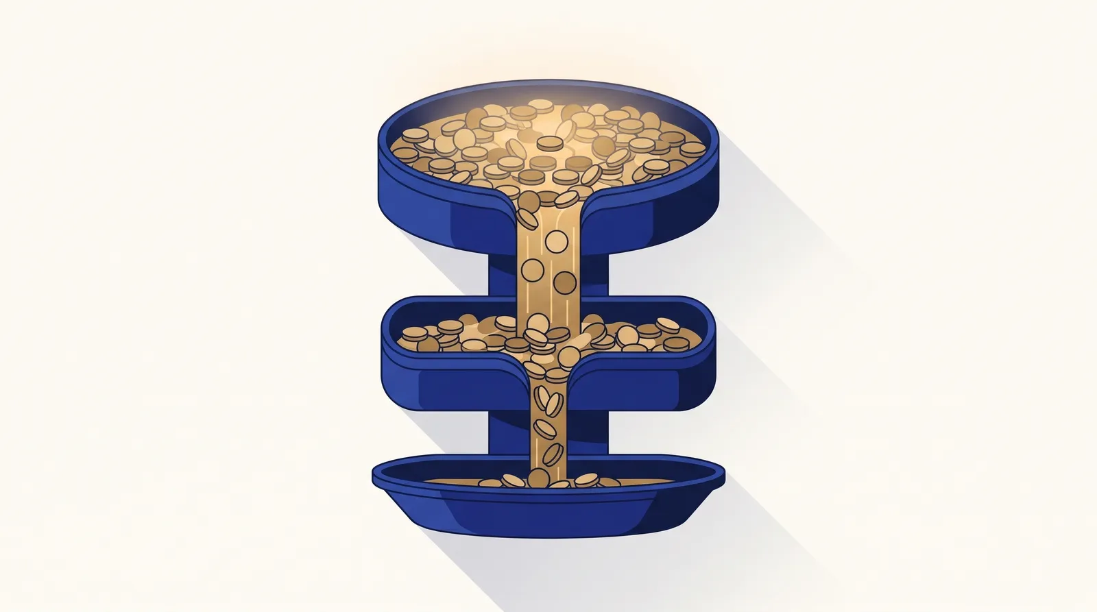 Brassowa drabina wodospadu, po której monety spływają kaskadą — pierwszy zbiornik napełnia się w całości, zanim cokolwiek przeleje się do niższych, co obrazuje kolejność wypłat przy exicie