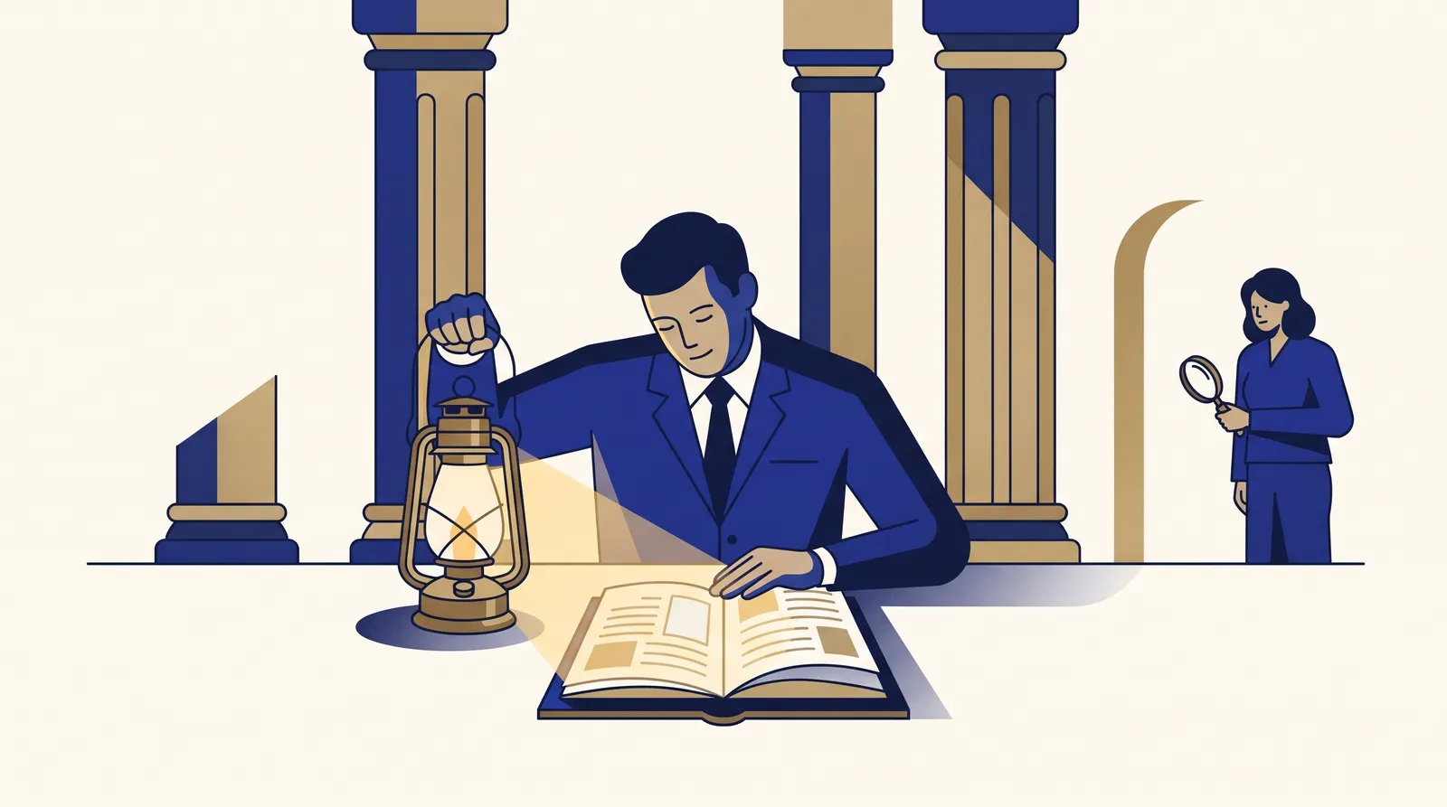 Właściciel firmy świecący mosiężną latarnią we własną, otwartą teczkę dokumentów, zanim zajrzy do niej kupujący stojący z boku z lupą