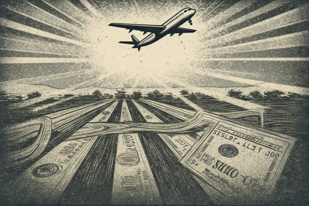 Rysunek przedstawiający samolot startujący z pasu startowego zrobionego z banknotów, z jasnym niebem w tle, symbolizujący finansową drogę startową (cash flow runway) i nabierające finansowego rozpędu przedsiębiorstwo, gotowe na udaną podróż.