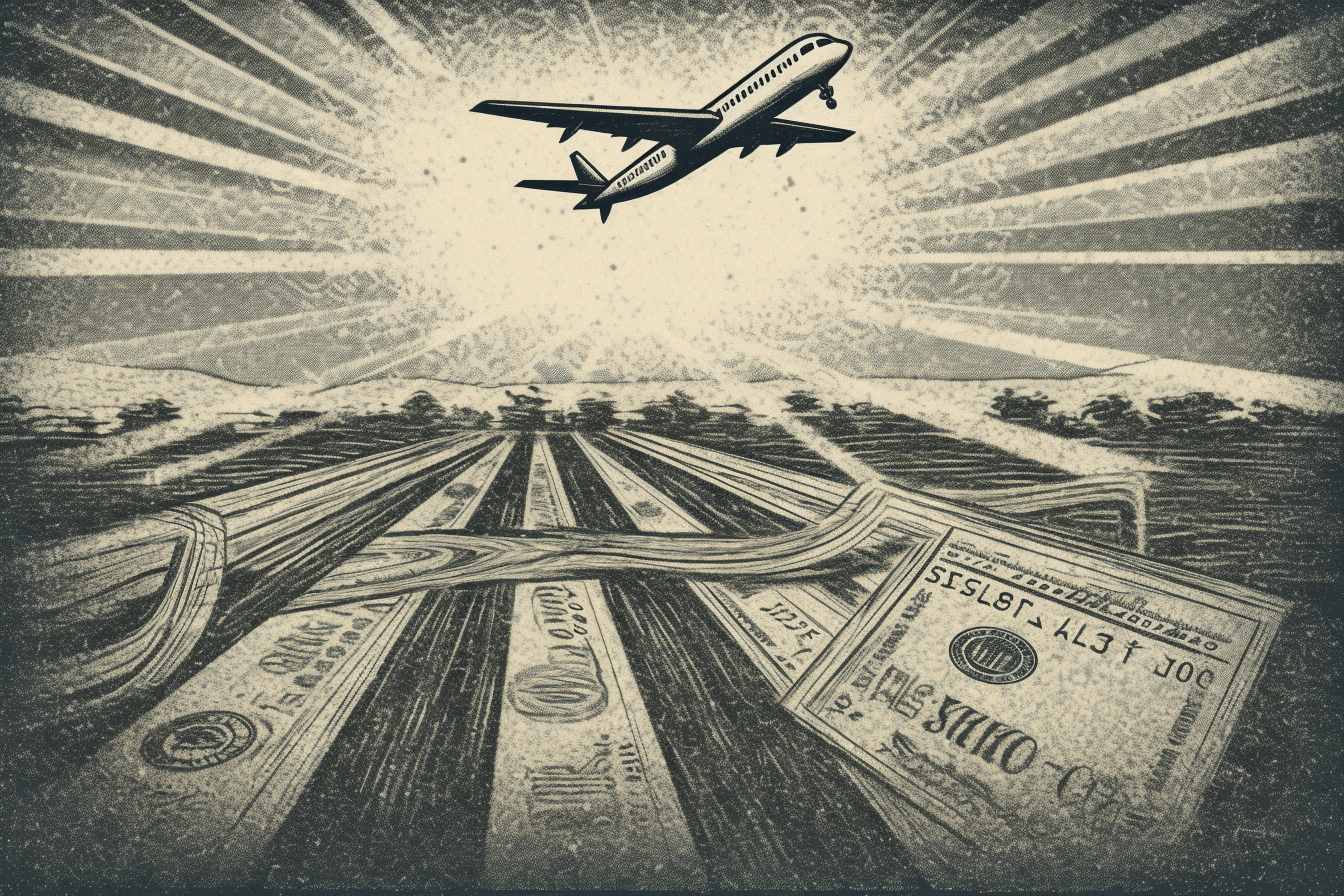 Rysunek przedstawiający samolot startujący z pasu startowego zrobionego z banknotów, z jasnym niebem w tle, symbolizujący finansową drogę startową (cash flow runway) i nabierające finansowego rozpędu przedsiębiorstwo, gotowe na udaną podróż.