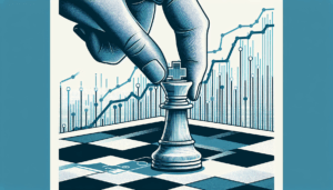 Ilustracja przedstawiająca dłoń przesuwającą wieżę szachową na planszy szachowej. W tle widoczne są wykresy finansowe symbolizujące giełdę lub analizę rynkową.