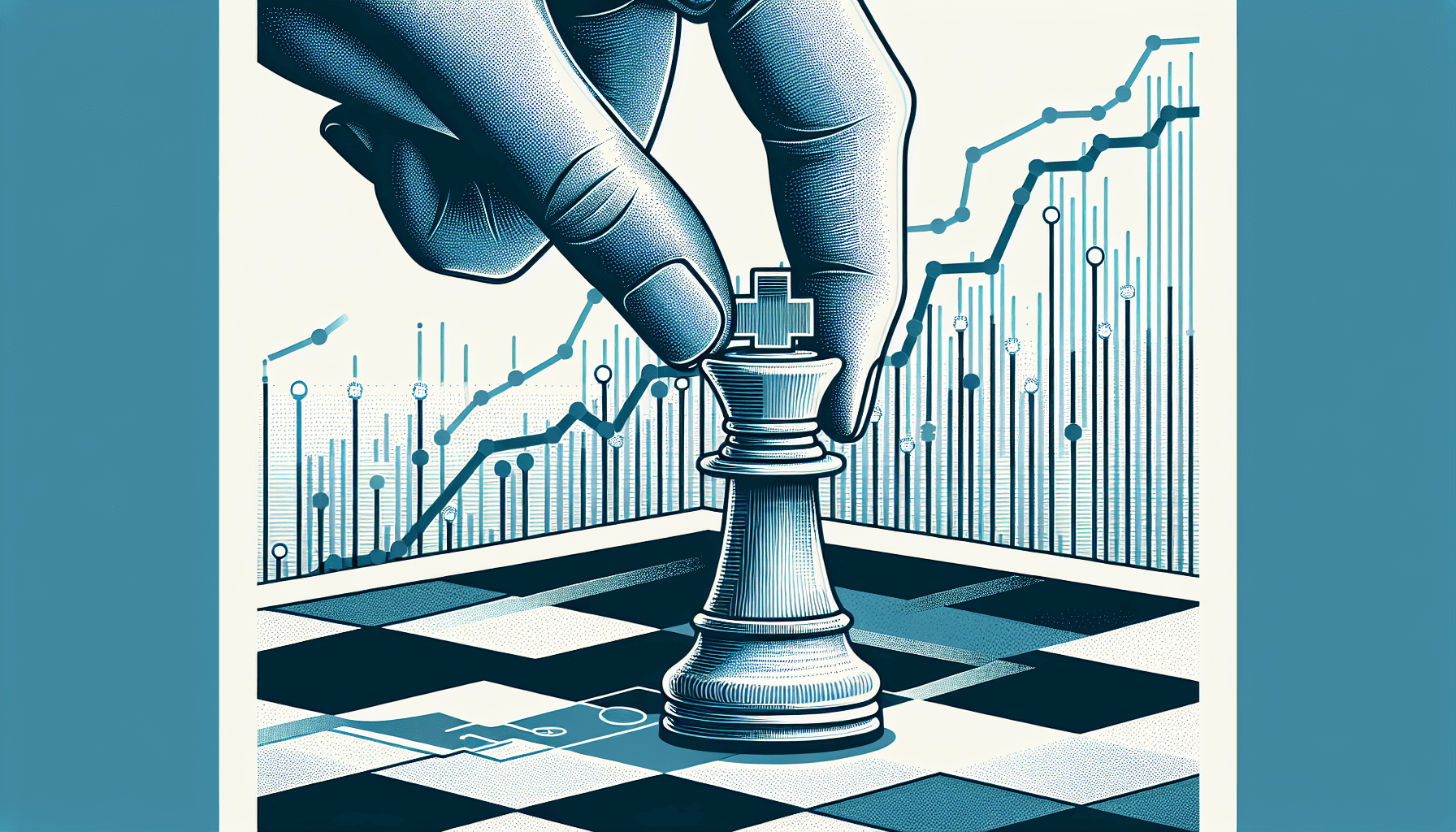 Ilustracja przedstawiająca dłoń przesuwającą wieżę szachową na planszy szachowej. W tle widoczne są wykresy finansowe symbolizujące giełdę lub analizę rynkową.