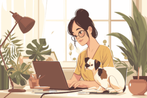 Kobieta w okularach z włosami związanymi w kok pracuje na laptopie przy słonecznym biurku z małym, brązowo-białym psem na kolanach. W pokoju pełno jest roślin, w tym dużej doniczkowej, a lampa świeci nad miejscem pracy