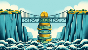 Ilustracja przedstawiająca stos monet i banknotów w kształcie wyspy na tle mostu wiszącego oraz niebieskich fal morza
