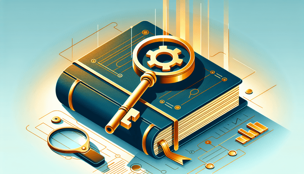 Ilustracja stylizowana przedstawiająca książkę z nakładką i trybikiem symbolizującym mechanizm, obok klucz w kształcie trybika sugerujący odkrywanie wiedzy.